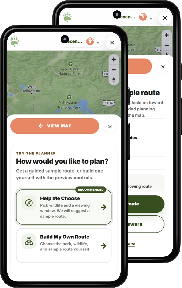 Where The Wild Beasts Roam wildlife route planner displayed on a mobile phone