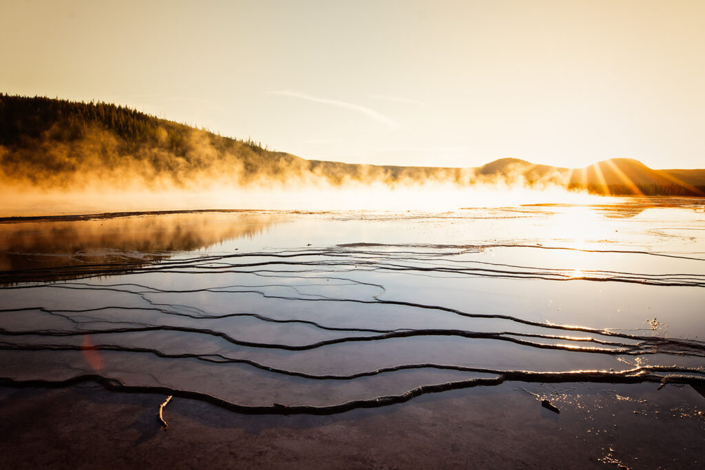 grand prismatic geyser at sunset